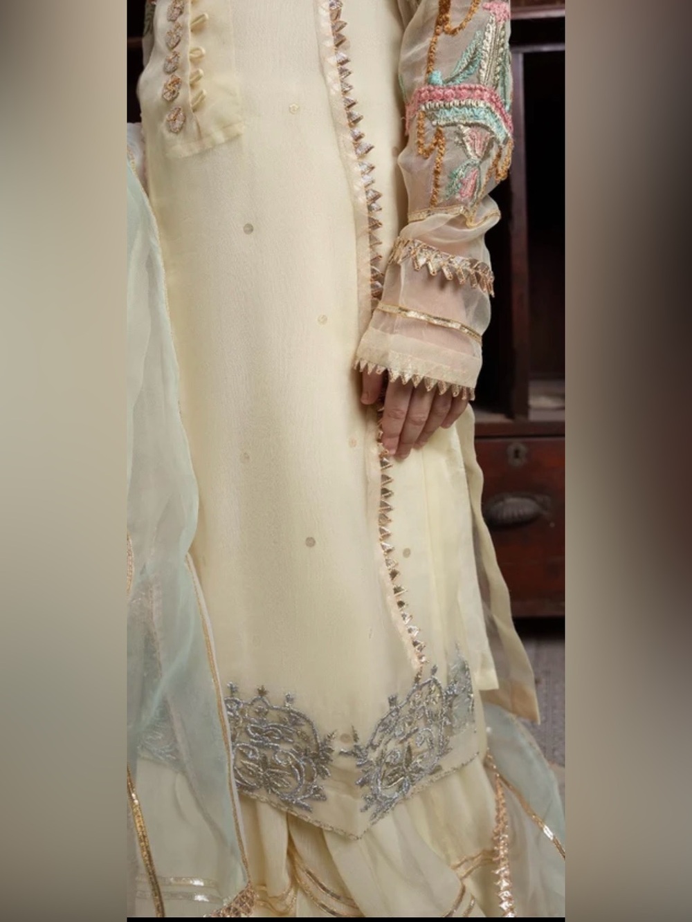Hem Cream Embroidered Formal Girls Dress with Sheer Dupatta - Picture 4 of 14